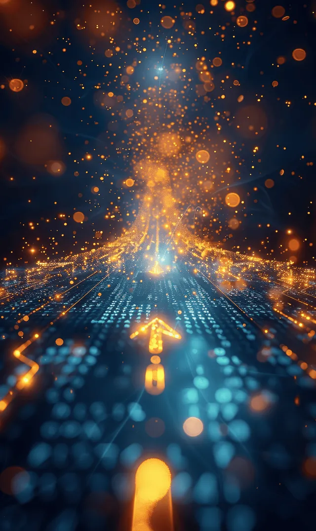 Glowing data streams converge into a bright network tunnel of digital particles