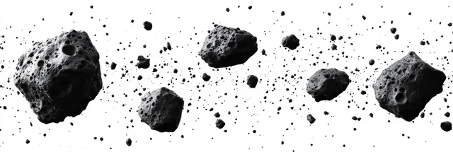 Cratered asteroids and small debris fragments scattered across a white background.