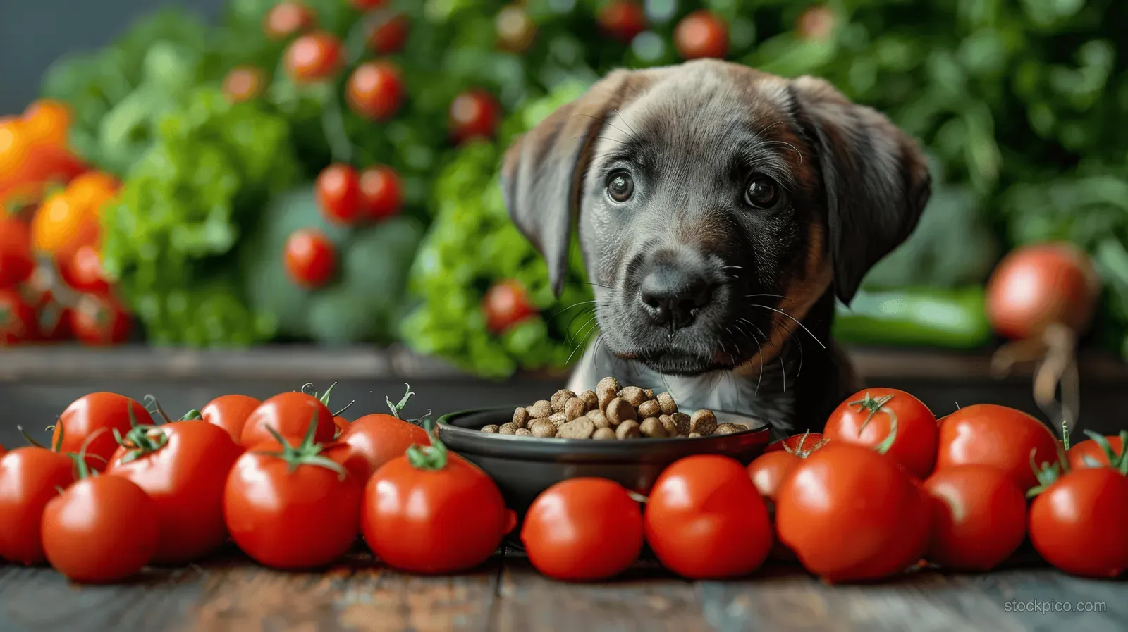 Labrador puppy next to a bowl of dog food with fresh tomatoes and vegetables on a green background.
