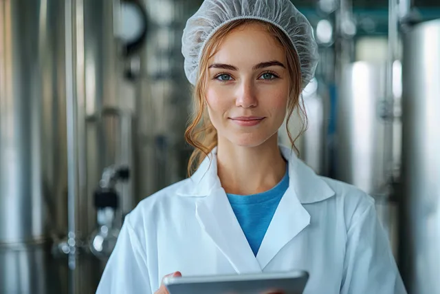 Confident young factory scientist in white lab coat holding tablet in industrial plant