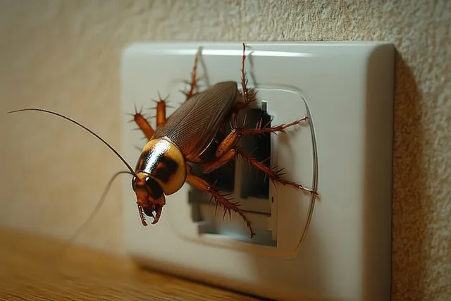 A brown cockroach emerges from a wall electrical outlet with visible antennae and legs on a textured interior wall.