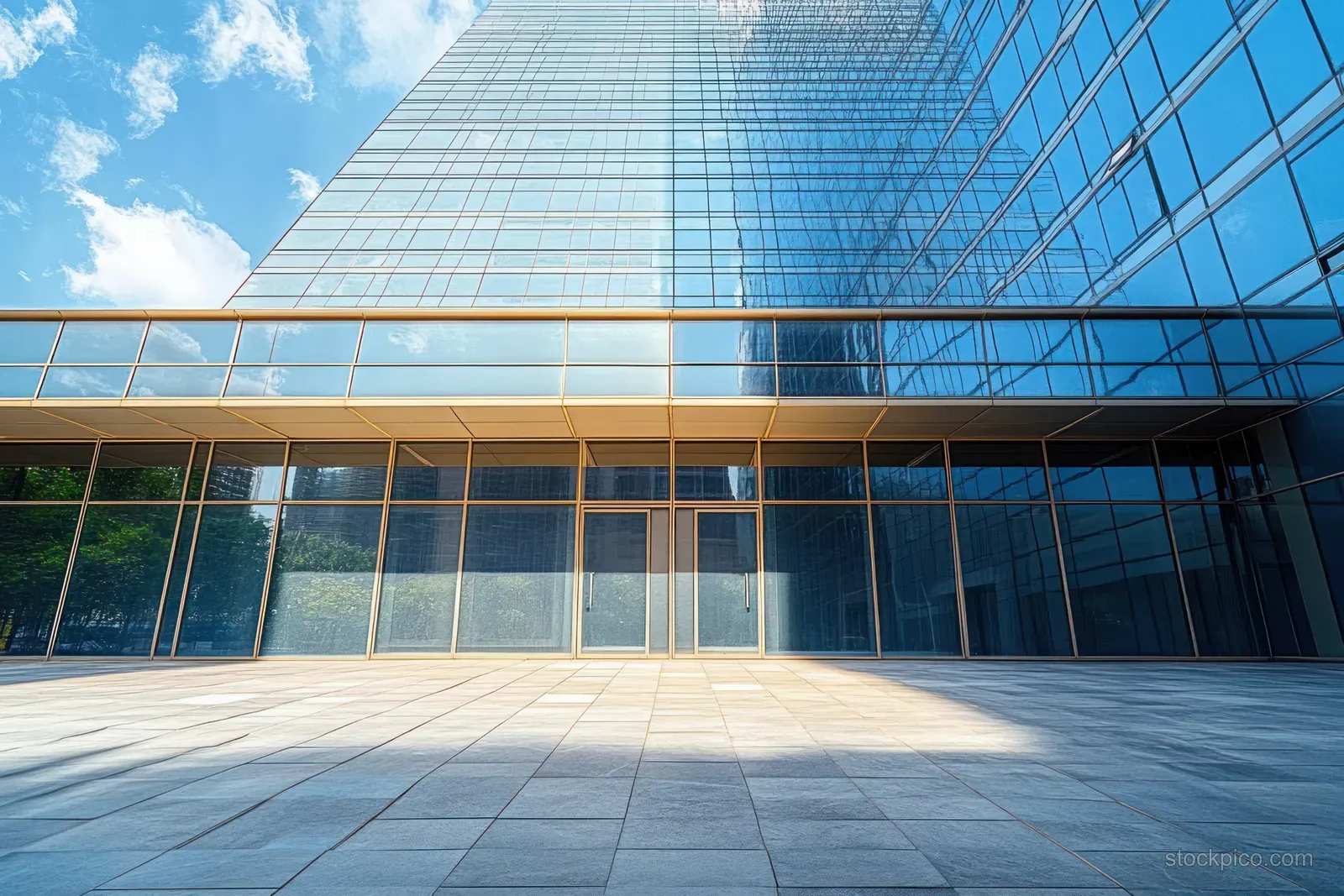 A reflective blue glass skyscraper faces an empty tiled courtyard under a bright blue sky.