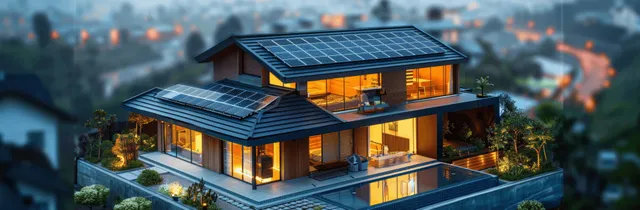 A smart home with illuminated solar roof panels, battery storage, and an EV charging diagram overlay at dusk.