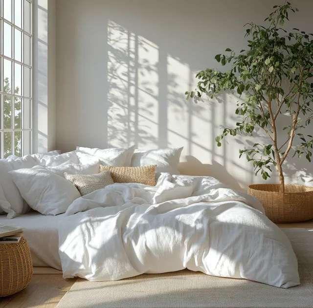 Sunlit minimalist bedroom showing a made white bed, wicker seating, and a potted plant near tall windows.