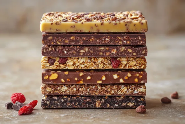 Stack of protein and oatmeal bars on a light brown chocolate surface with scattered berries and crumbs.