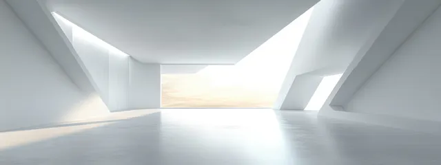 Minimalist white interior room with sharp angled walls and bright natural light through a skylight.