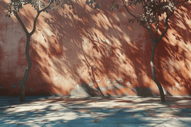 Terracotta wall and concrete floor lit by soft daylight with tree-shadow patterns and two blurred trees.