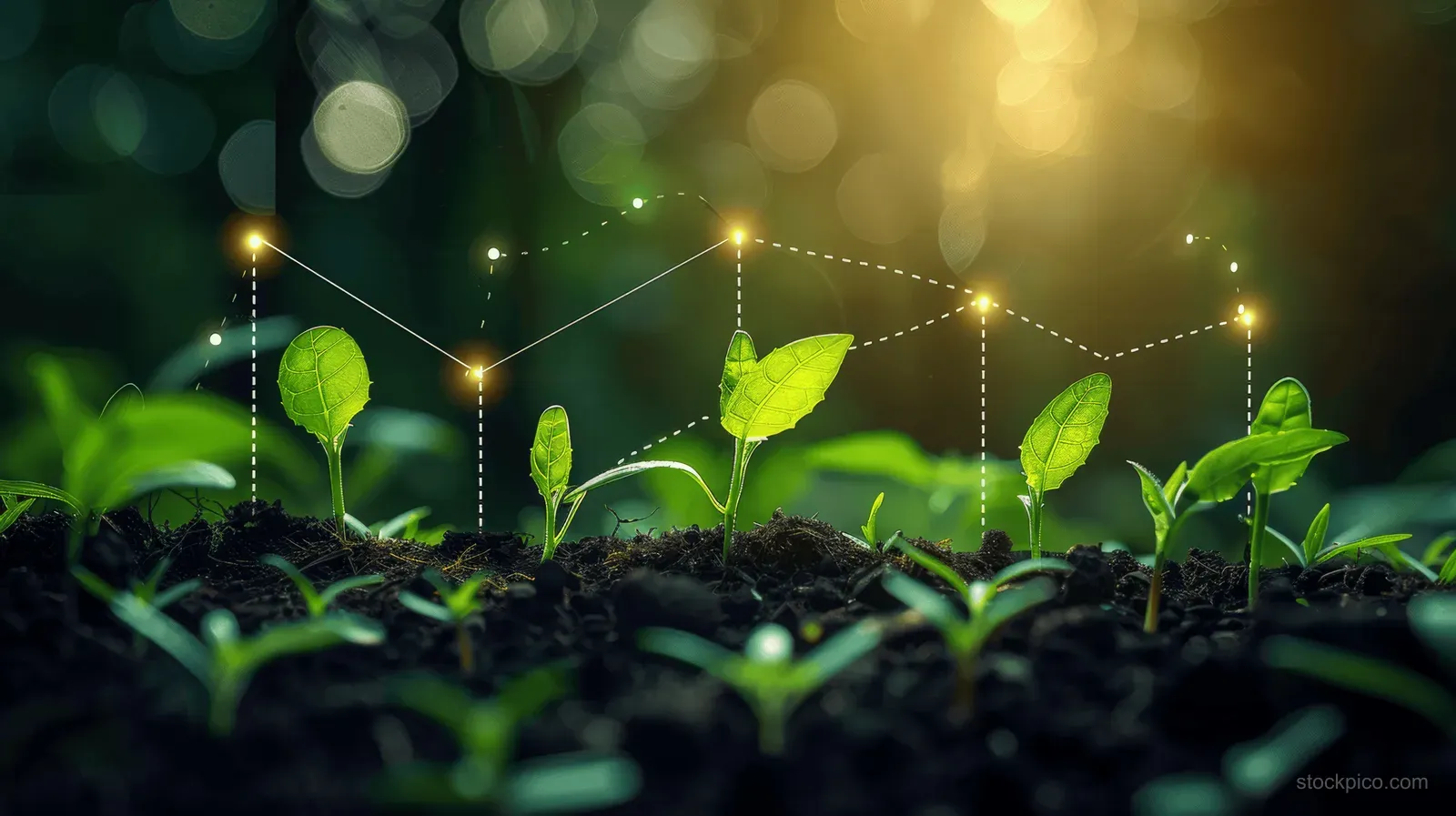 Young green seedlings grow from dark soil with glowing chart lines and dots overhead.