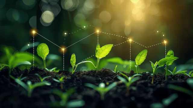 Young green seedlings grow from dark soil with glowing chart lines and dots overhead.
