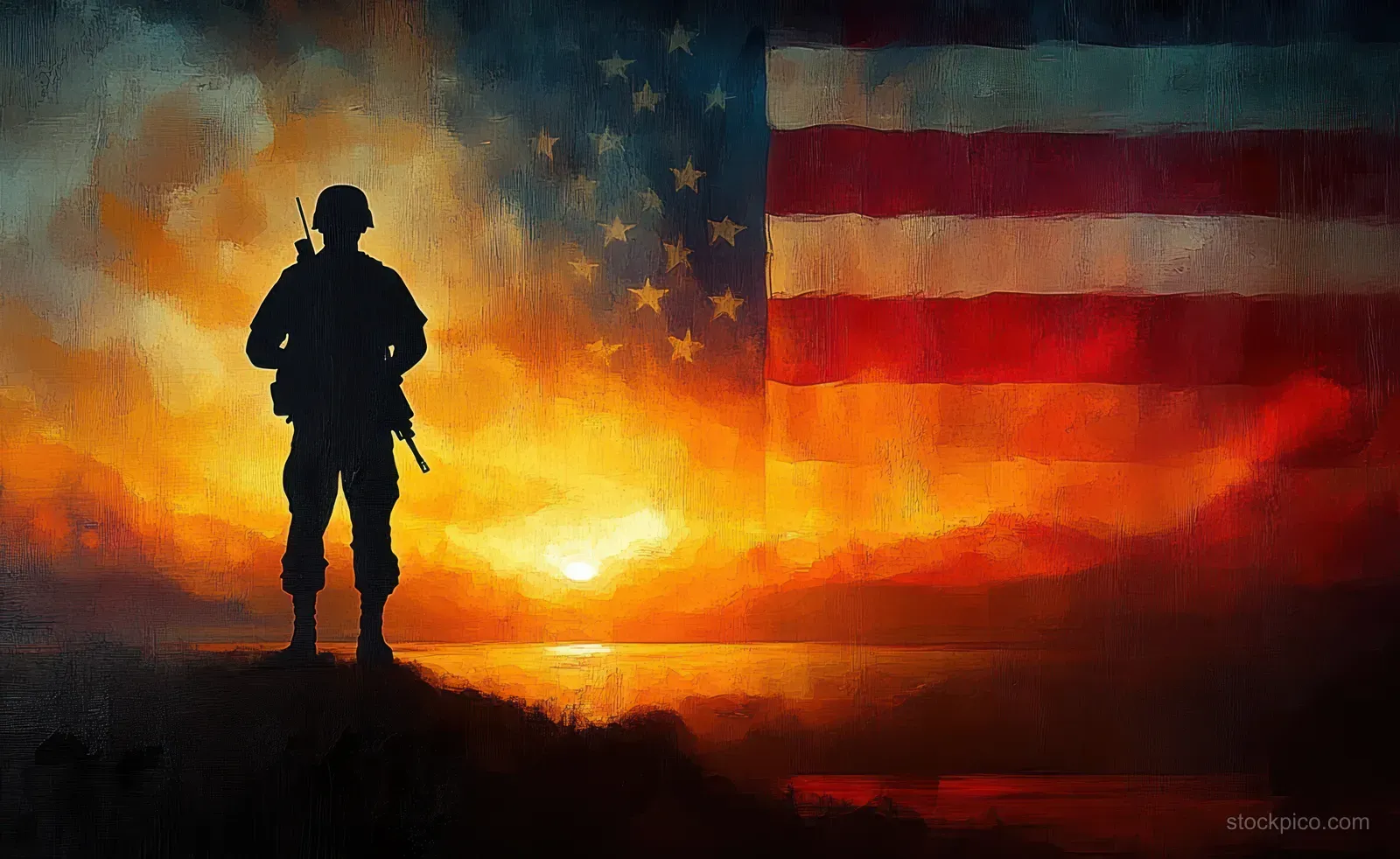 Silhouette of a soldier standing on a hill at sunset with a faded American flag overlay behind him.