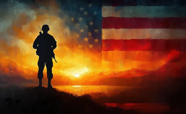 Silhouette of a soldier standing on a hill at sunset with a faded American flag overlay behind him.