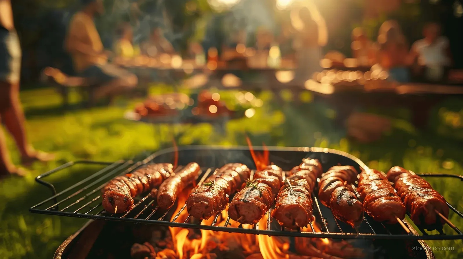Sausages grilling on a metal barbecue rack in a sunny garden with blurred people behind.