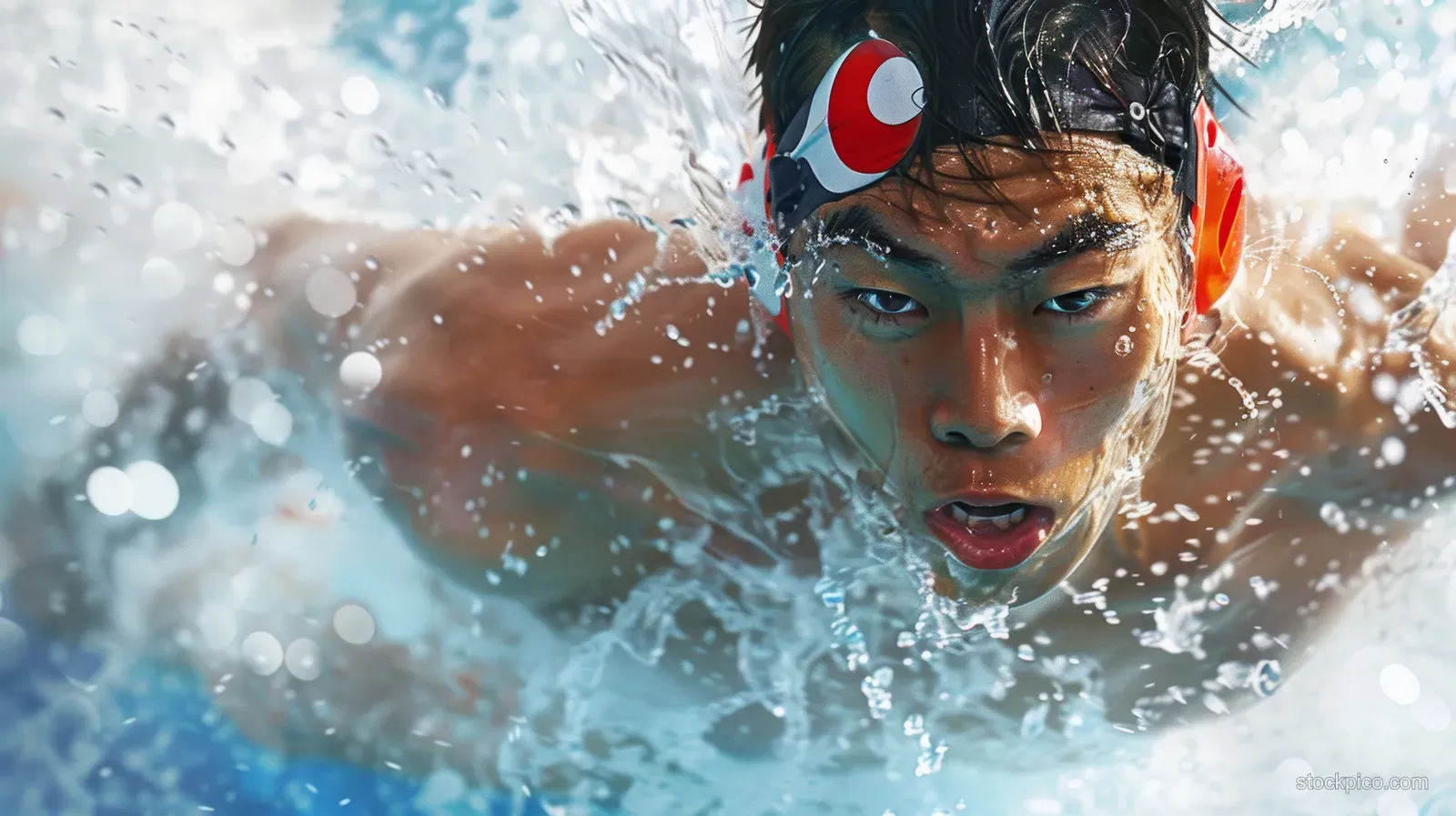 Swimmer in a pool lane surges forward with a powerful stroke, splashing water around their arms and shoulders.