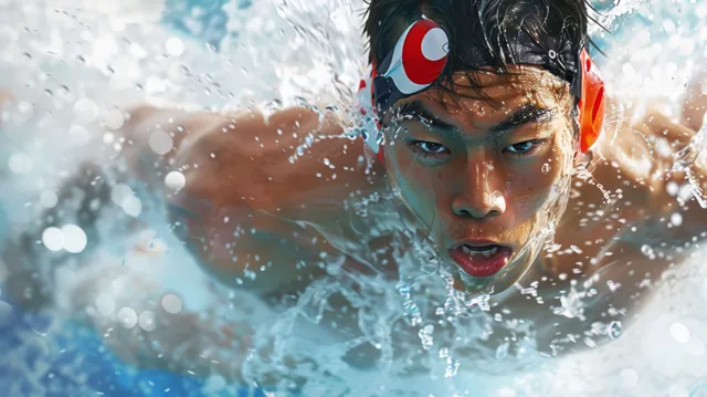 Swimmer in a pool lane surges forward with a powerful stroke, splashing water around their arms and shoulders.