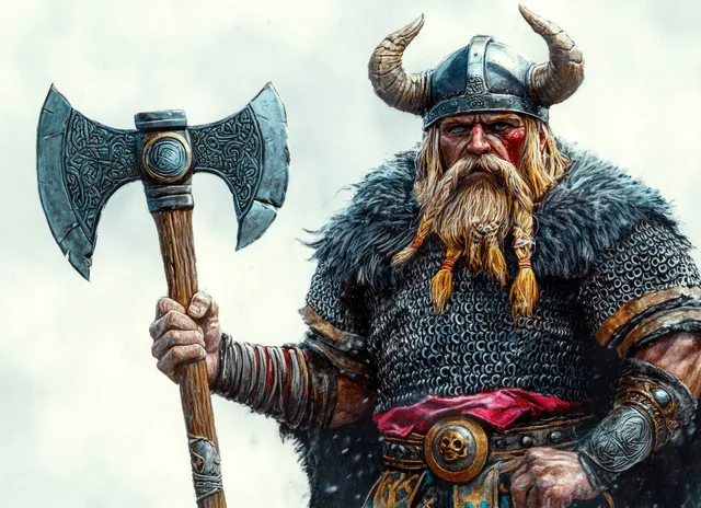 A horned-helmet Viking warrior in chainmail raises an axe while wearing a fur cloak against a cloudy sky.