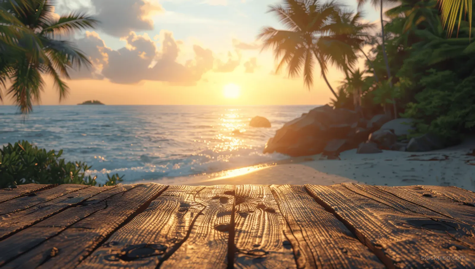 A weathered wooden table in the foreground overlooks palm-lined coastline as the sun sets over the ocean.