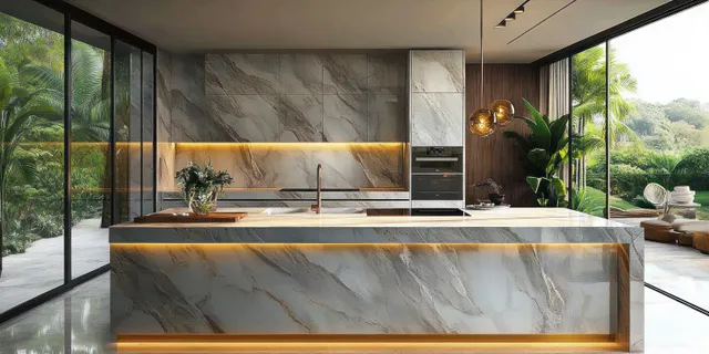Modern marble kitchen island and backlit cabinets with glass walls showing a lush garden view.