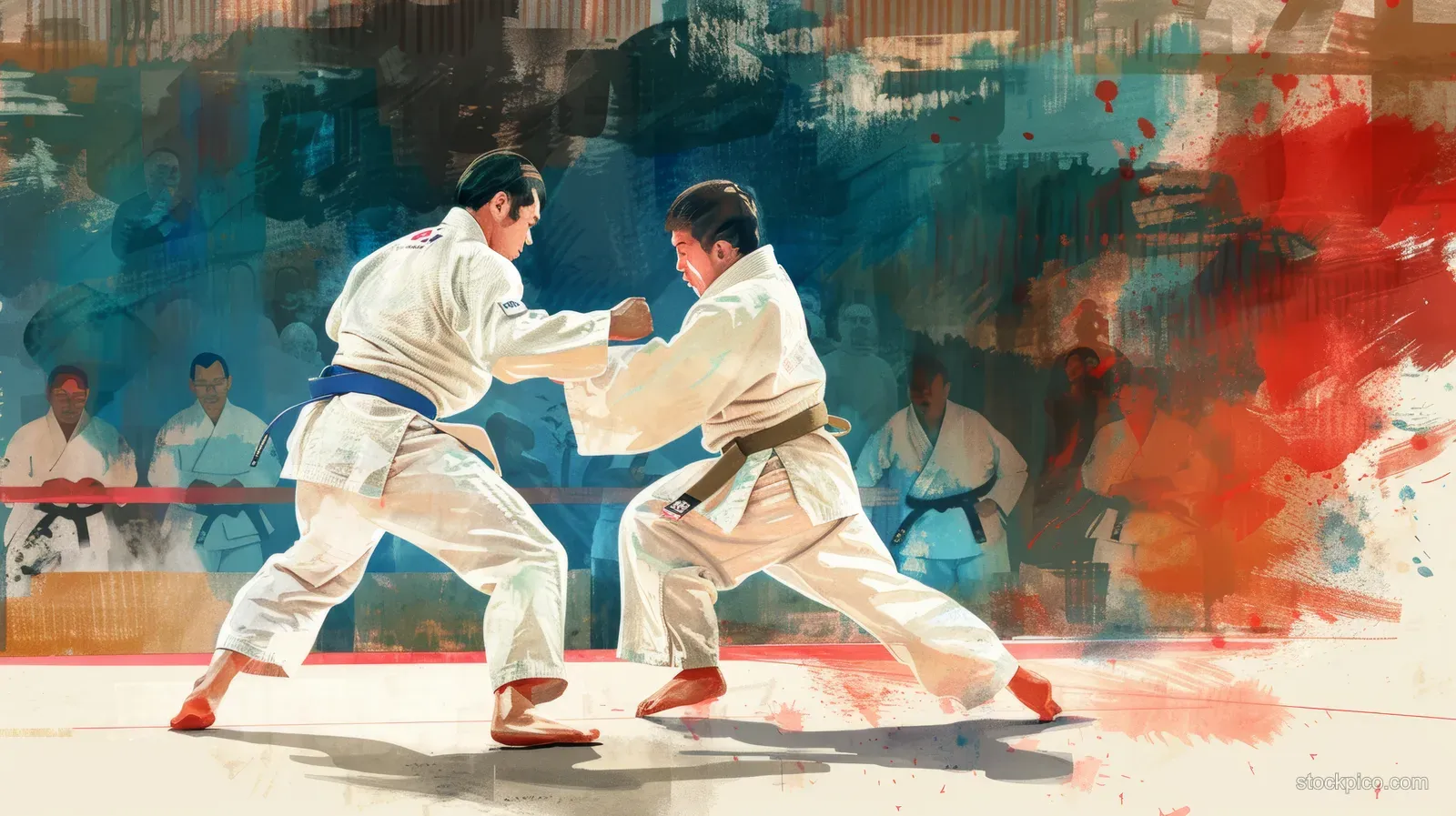 Two judokas in white gis engage in a judo throw on a tatami mat while spectators watch.