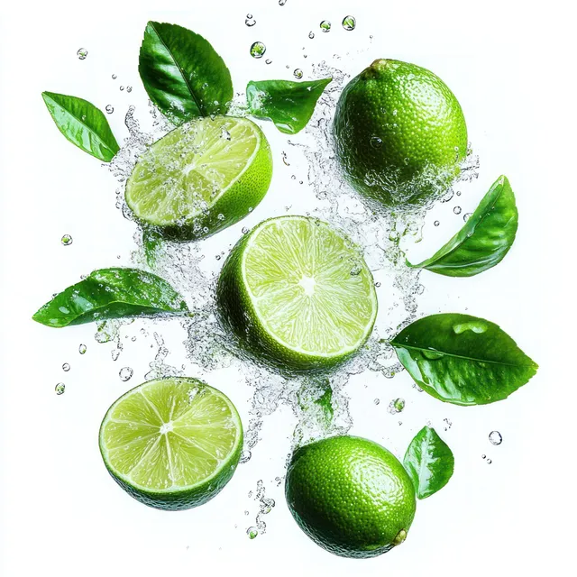 Green limes, lime slices, and leaves surrounded by water splash droplets on a white background.