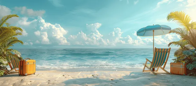Beach chairs and blue-striped umbrella with luggage on sand beside a calm ocean horizon
