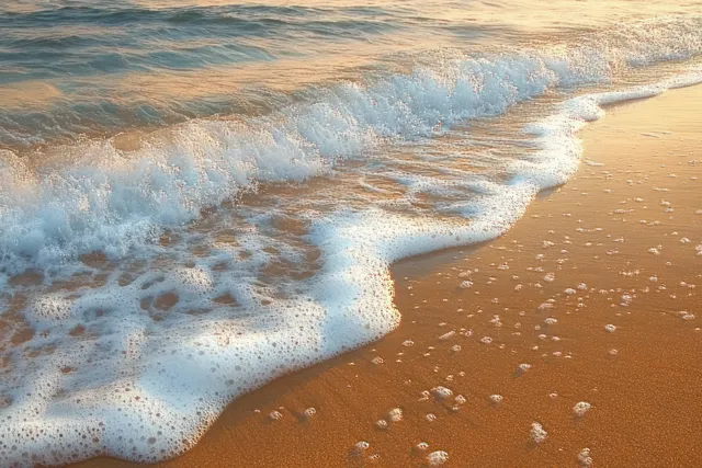 A serene beach scene at golden hour with gentle waves lapping the sandy shore under soft pastel light.