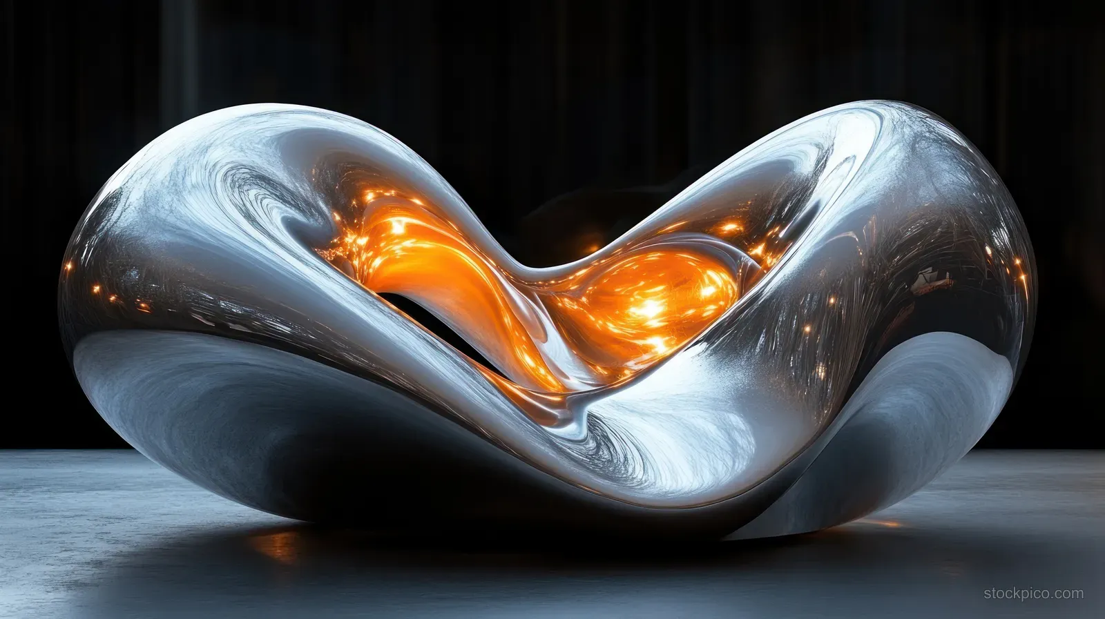 A shiny metallic knot sculpture sits on a dark floor, glowing orange from within its curved center.
