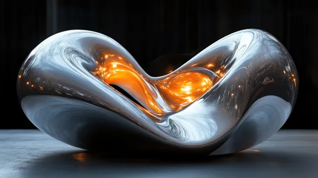 Futuristic reflective sculptural knot glowing with orange light on dark studio floor