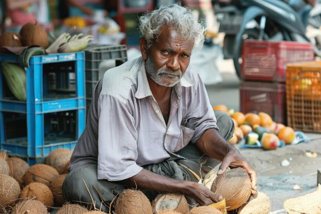 A middle aged man peels coconuts at a busy Indian market while blue and orange fruit crates sit nearby.