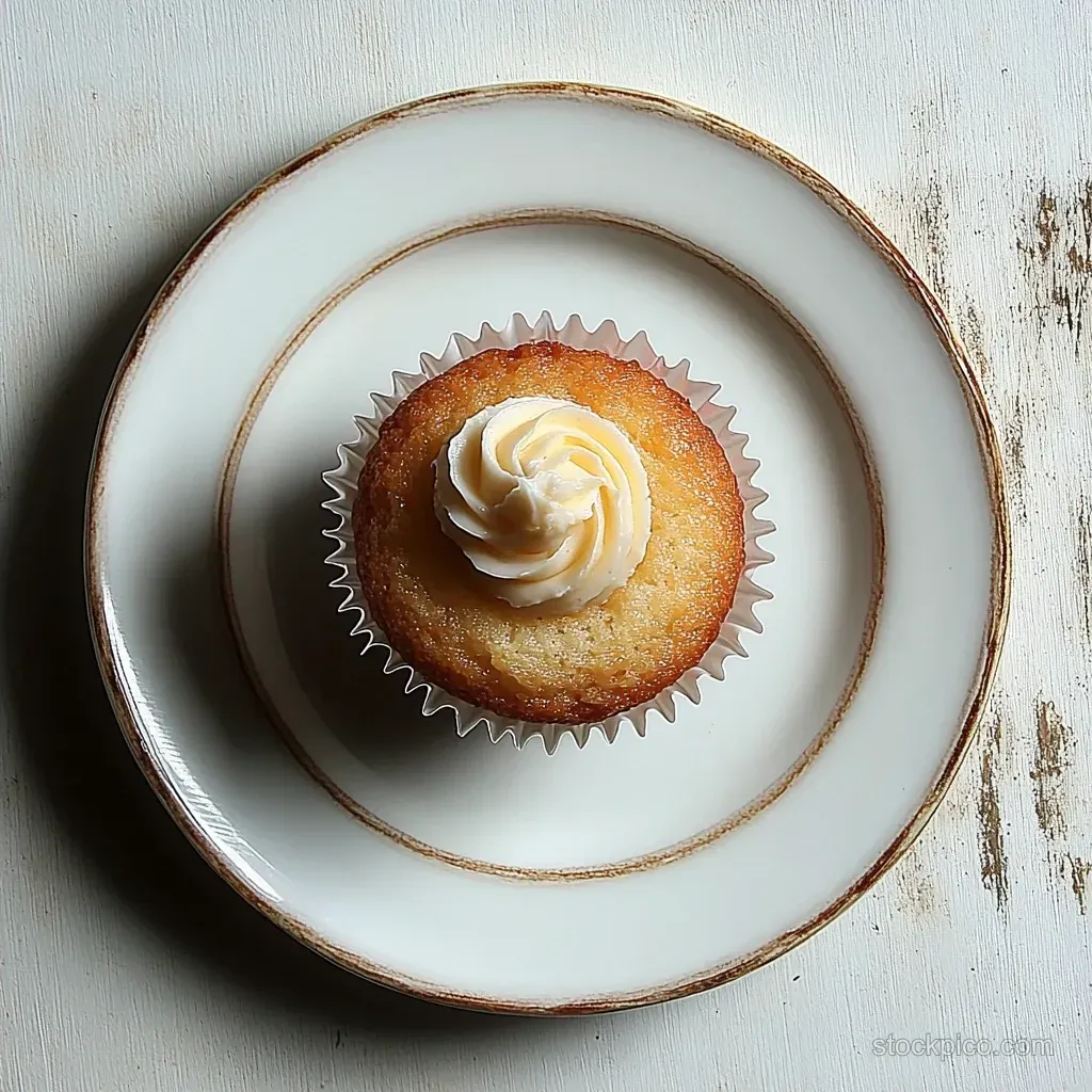 A single vanilla cupcake with a white frosting swirl sits on a vintage plate on a rustic wooden surface.