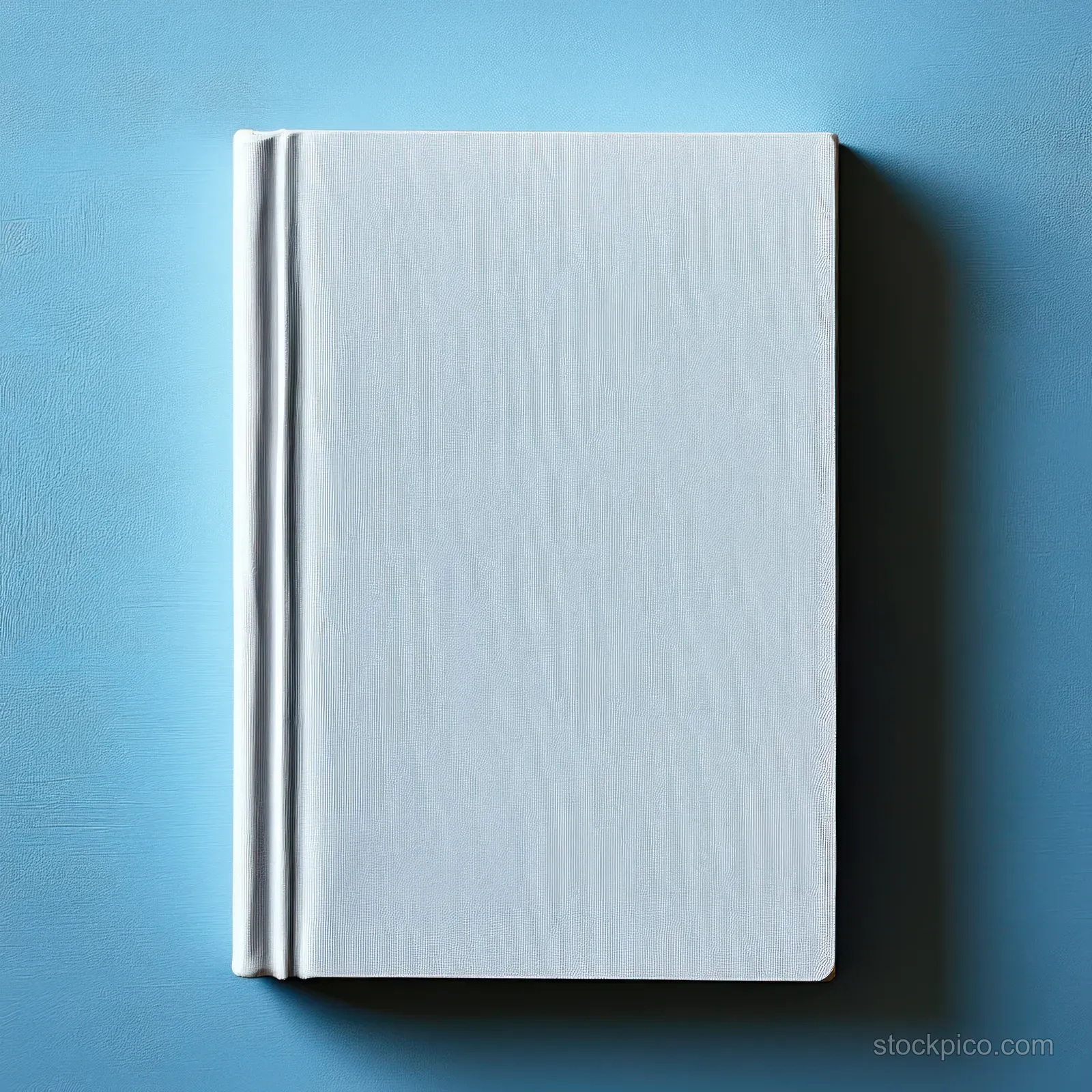 A blank white book lies on a soft blue background with a dark shadow.