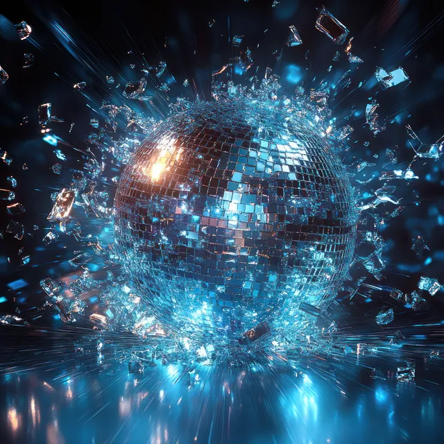 A disco ball bursts into mirrored shards under blue laser beams in a lively club setting.