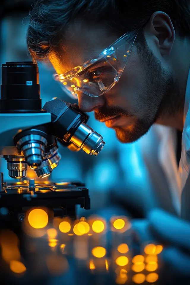 A dentist views a patient’s mouth through a microscope while warm clinic lights glow in the background.