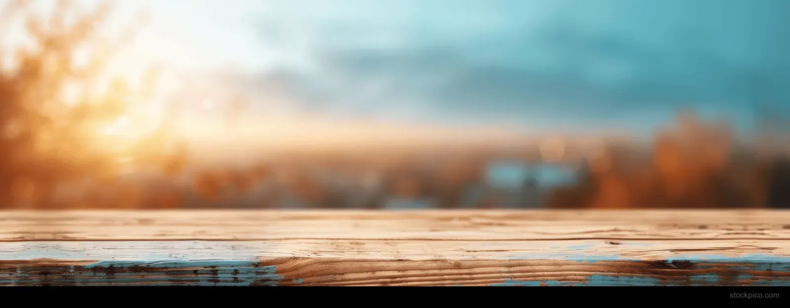 Blurry sunrise and sunset colors with warm bokeh reflect across a rustic wooden tabletop.