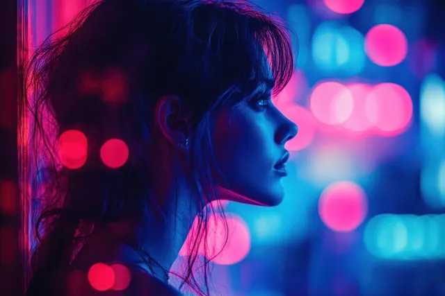 A young woman in side profile illuminated by blue and pink neon lights against blurred night bokeh.