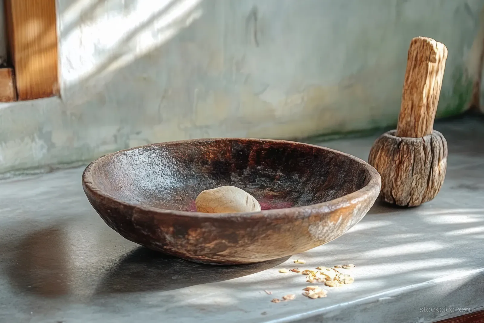 A stone ulekan mortar sits on a countertop with garlic and onion pieces beside it.
