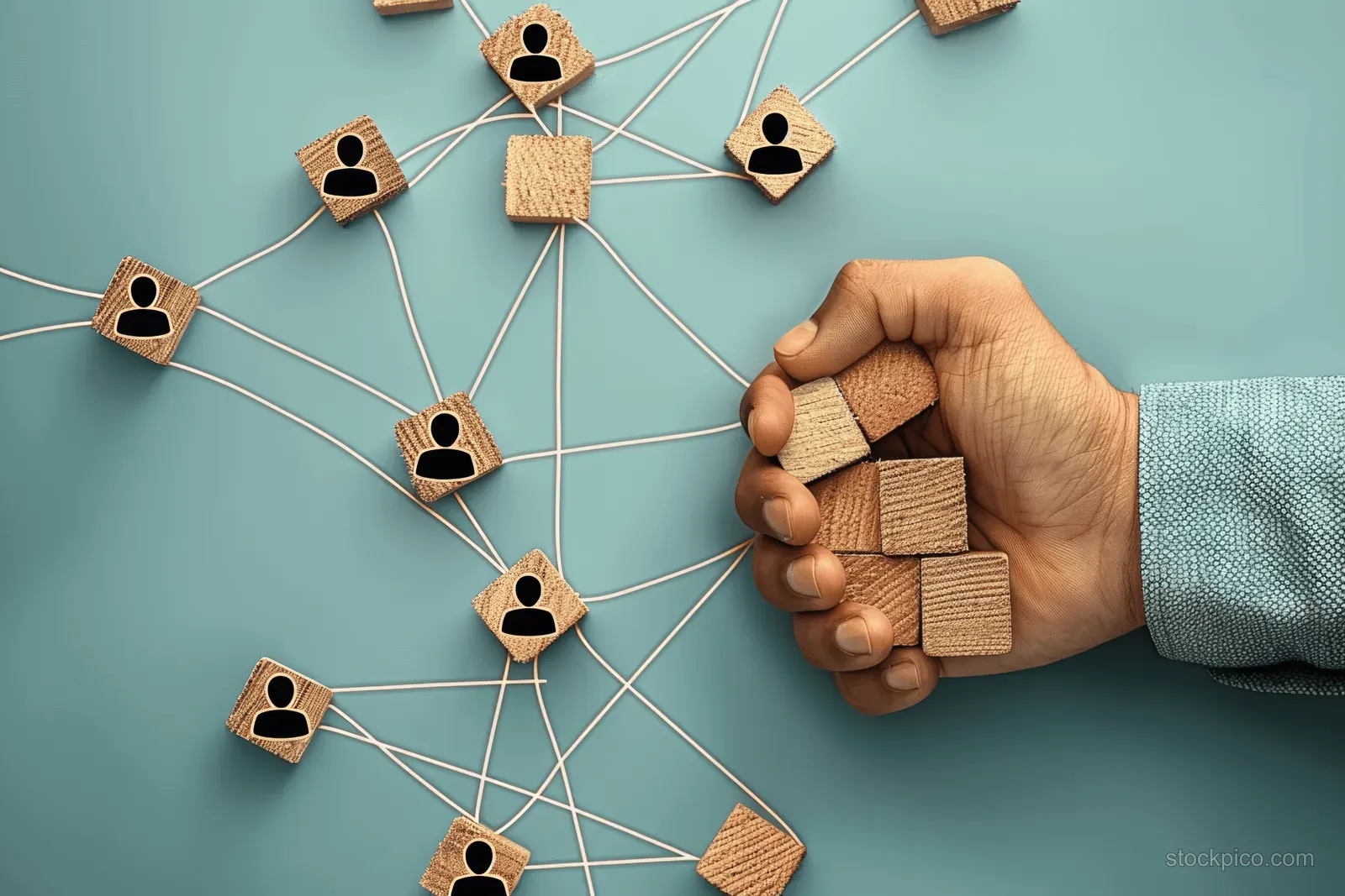 A hand connects wooden cube blocks in a network of human icons on a blue background.