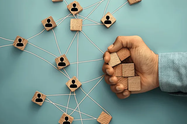 Hand arranging linked wooden blocks and human icons network on blue background