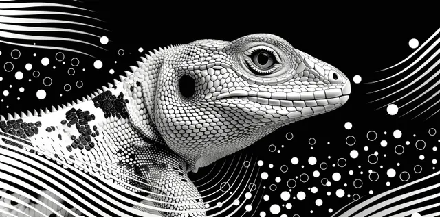 Monochrome lizard head in seamless doodle pattern with polka dots and wave lines