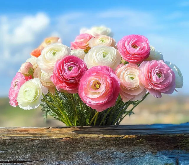 A ranunculus bouquet of pink and white blooms rests on weathered rustic wood under a bright blue sky.