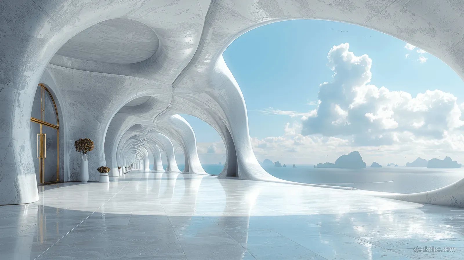 An empty futuristic interior with curved white walls and panoramic windows showing blue sky and distant horizon.