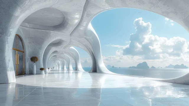 An empty futuristic interior with curved white walls and panoramic windows showing blue sky and distant horizon.