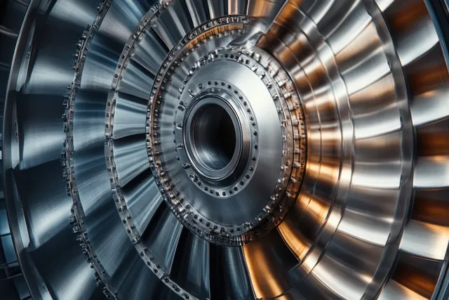 Shiny turbine blades form a circular rotor with riveted rings and bolt details under bright reflections.