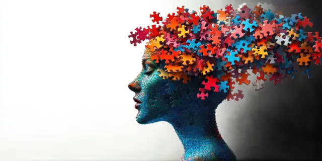 A side profile head silhouette made of colorful jigsaw puzzle pieces with long shadows behind it.