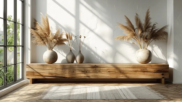 Wooden sideboard against a bright wall with vases and pampas grass near a window casting soft light.
