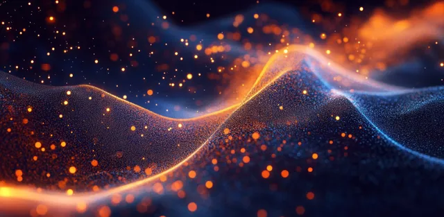 Glowing orange and blue cosmic wave forms curl across dark space as particles drift like sparks.