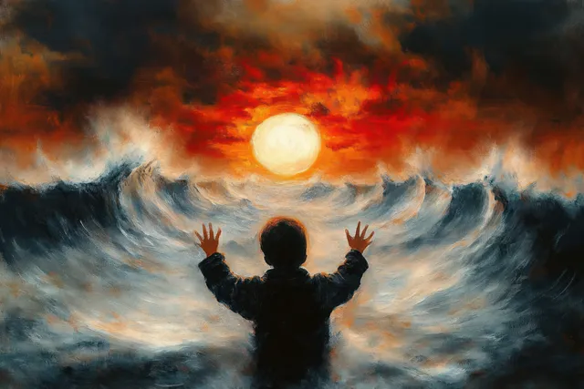 Silhouette with raised hands facing towering ocean waves under glowing sun and fiery sunset clouds