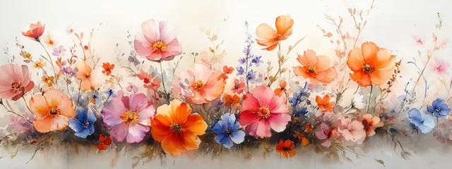 Watercolor wildflower bouquet along a soft border frame with delicate blossom texture