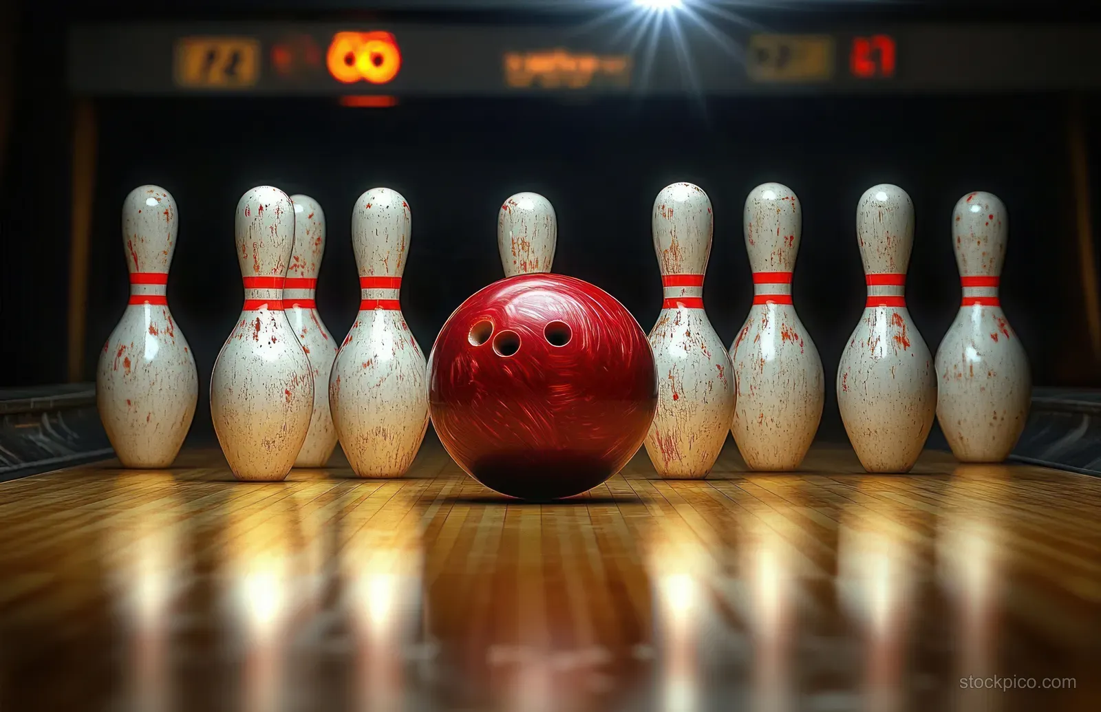 Red bowling ball faces a triangle of worn bowling pins on a polished wooden lane under bright lights.