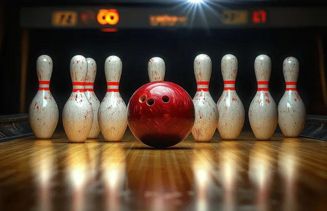 Red bowling ball faces a triangle of worn bowling pins on a polished wooden lane under bright lights.