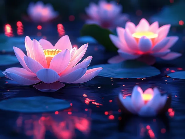 Pink lotus flowers with glowing centers float on calm nighttime water with reflections and blurred bokeh lights.